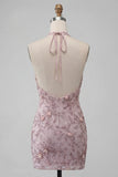 Fog Halter Neck Bodycon Pearl Floral Short Homecoming-klänning med pärlbroderi