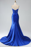 Royal Blue Mermaid Axelbandslös Lång Korsett Balklänning med slits