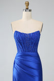 Royal Blue Mermaid Axelbandslös Lång Korsett Balklänning med slits