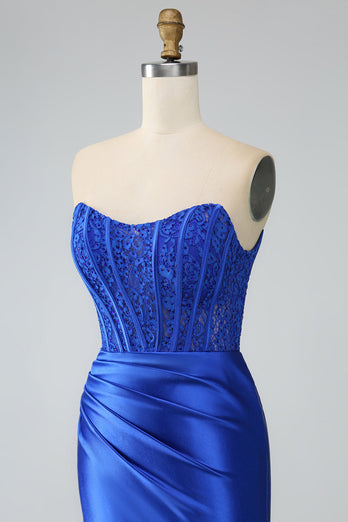 Royal Blue Mermaid Axelbandslös Lång Korsett Balklänning med slits