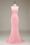 Rodnande Rosa Mermaid Sweetheart Satin Lång Brudtärneklänning