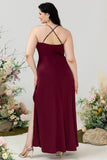 Vinröd Satin Slida Grimma Plus Size Brudtärna Klänning Med Slits