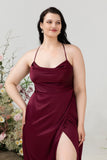 Vinröd Satin Slida Grimma Plus Size Brudtärna Klänning Med Slits