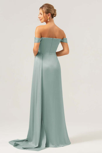 Salvia Sjöjungfru Off The Shoulder Plisserad Satin Bridesmaid Klänning med slits