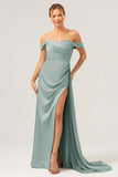 Salvia Sjöjungfru Off The Shoulder Plisserad Satin Bridesmaid Klänning med slits