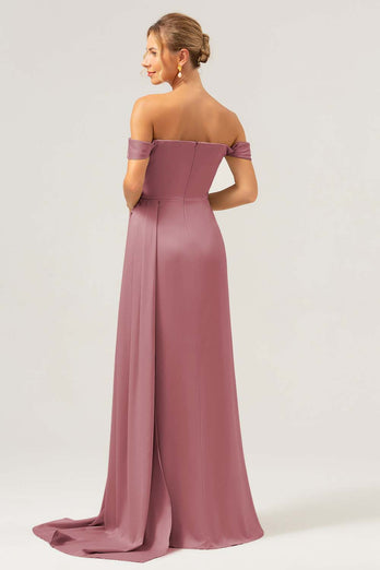 Salvia Sjöjungfru Off The Shoulder Plisserad Satin Bridesmaid Klänning med slits