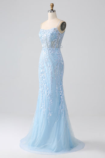 Himmelsblå glittrande sjöjungfru korsett balklänning med paljetter