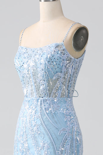 Himmelsblå glittrande sjöjungfru korsett balklänning med paljetter