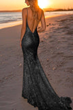 Glittrande Silver Backless Mermaid Lång formell klänning