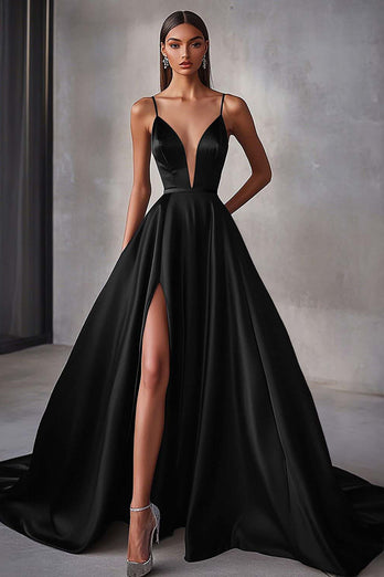 Marinblå Satin A Line Spaghetti Straps Lång Balklänning med slits