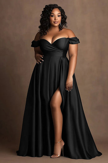 Plus Size Navy Off The Shoulder Satin Lång formell klänning med slits