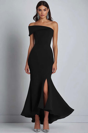 Navy Crepe One Shoulder Sheath Formell Klänning med slits