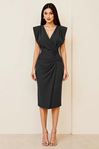 Oliv Rynkad Bodycon V-ringad Midi Formell Klänning