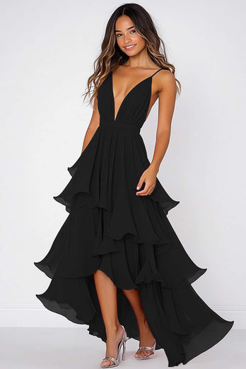 Volang Tiered Röd Chiffong Spaghetti Straps Formell Klänning