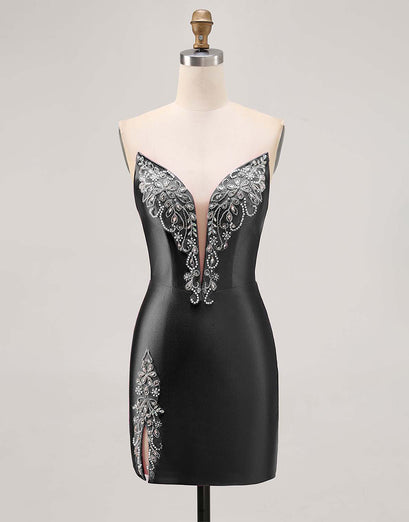 Fuchsia Axelbandslös pärlstav Bodycon Homecoming Klänning med slits