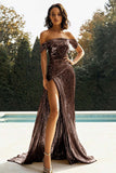 Guld Av Axeln Slida Metallic Satin Prom Klänning Med Slits