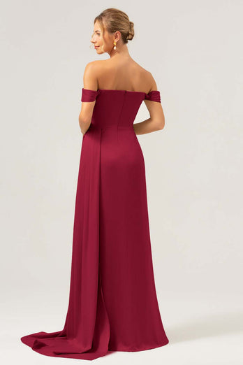 Salvia Sjöjungfru Off The Shoulder Plisserad Satin Bridesmaid Klänning med slits