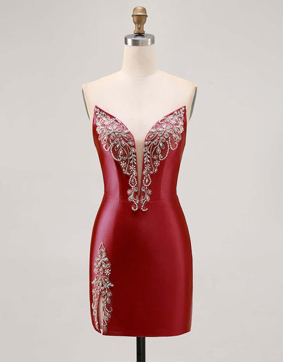 Fuchsia Axelbandslös pärlstav Bodycon Homecoming Klänning med slits