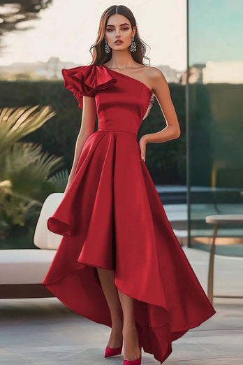 Fuchsia En Axel Hög-Låg Satin En Linje Formell Klänning