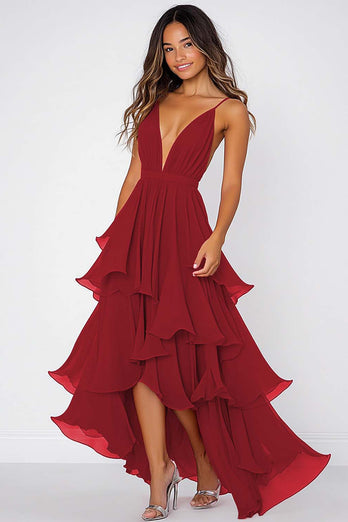 Volang Tiered Röd Chiffong Spaghetti Straps Formell Klänning