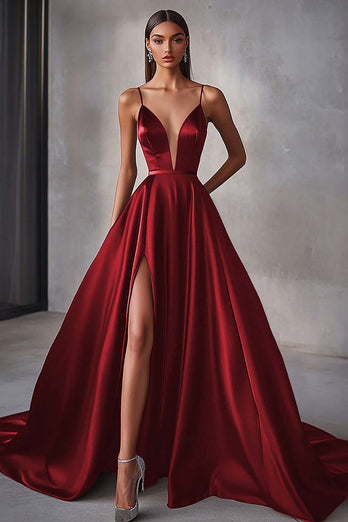 Marinblå Satin A Line Spaghetti Straps Lång Balklänning med slits