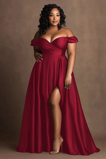 Plus Size Navy Off The Shoulder Satin Lång formell klänning med slits