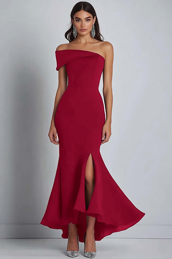 Navy Crepe One Shoulder Sheath Formell Klänning med slits