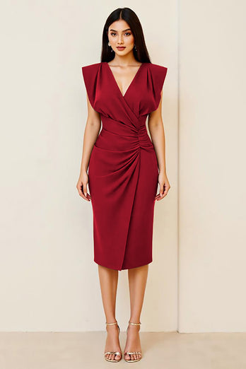 Oliv Rynkad Bodycon V-ringad Midi Formell Klänning