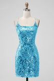 Royal Blue Bodycon Paljetter Kort Homecoming Klänning med Snörning Tillbaka