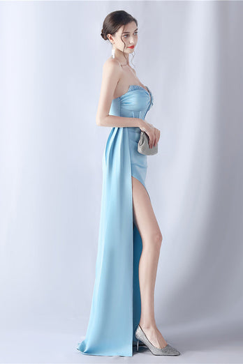 Marinblå sjöjungfru axelbandslös lång korsett balklänning med slits