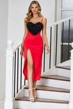 Röd Bodycon Spaghetti Staps Festklänning med 3D-blomma