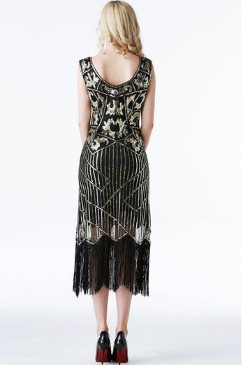 Glittrande svart guldfransad Flapper-klänning