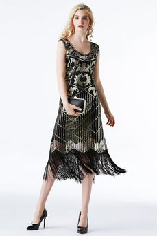 Glittrande svart guldfransad Flapper-klänning