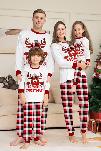 Vit Hjort och Röd Rutig Jul Familj Matchande Pyjamas Set