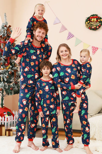 Marinblå Jul Mönster Tryckt Familj Pyjamas Set