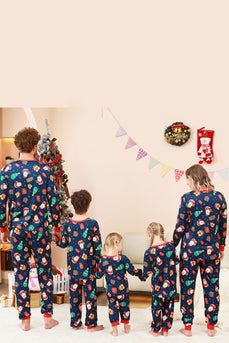 Marinblå Jul Mönster Tryckt Familj Pyjamas Set