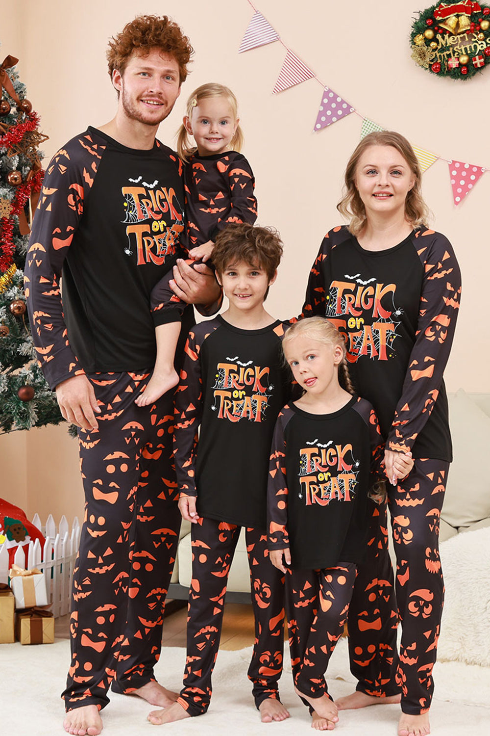 Svart Trick or Treat Tryckt Halloween Familj Pyjamas Set