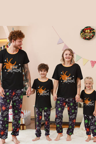 Svart och orange spindel tryckt halloween familj pyjamas set