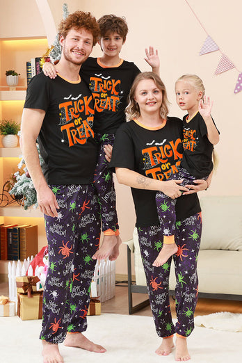 Svart och orange spindel tryckt halloween familj pyjamas set