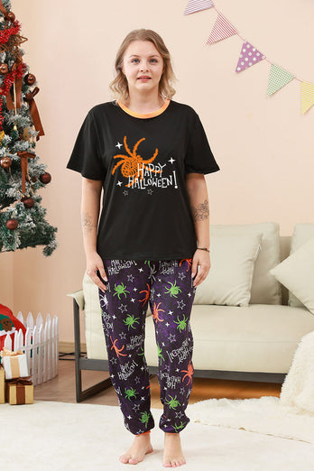 Svart och orange spindel tryckt halloween familj pyjamas set