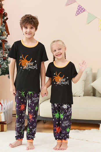 Svart och orange spindel tryckt halloween familj pyjamas set