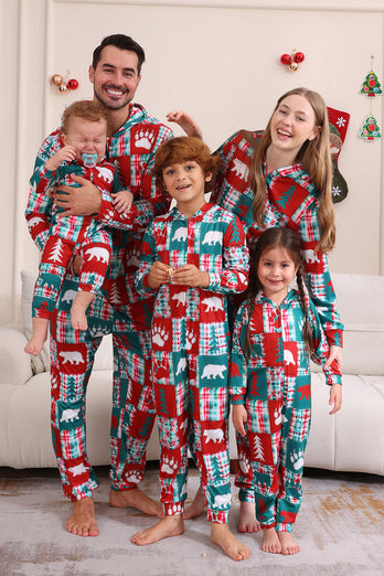 Röd och grön färgblock jul huva familj pyjamas set