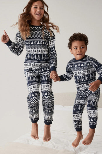 Marinblå jul snöflinga och träd tryckta familj pyjamas set