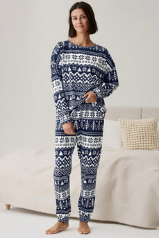 Marinblå jul snöflinga och träd tryckta familj pyjamas set