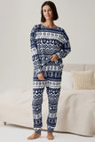 Marinblå jul snöflinga och träd tryckta familj pyjamas set