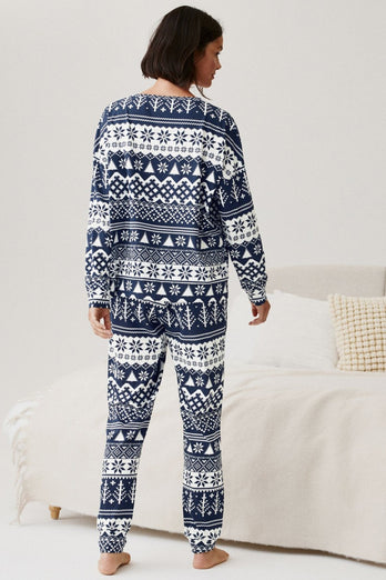 Marinblå jul snöflinga och träd tryckta familj pyjamas set