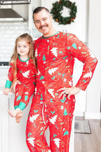 Röd Julgran Tryckt Familj Matchande Pyjamas Sets