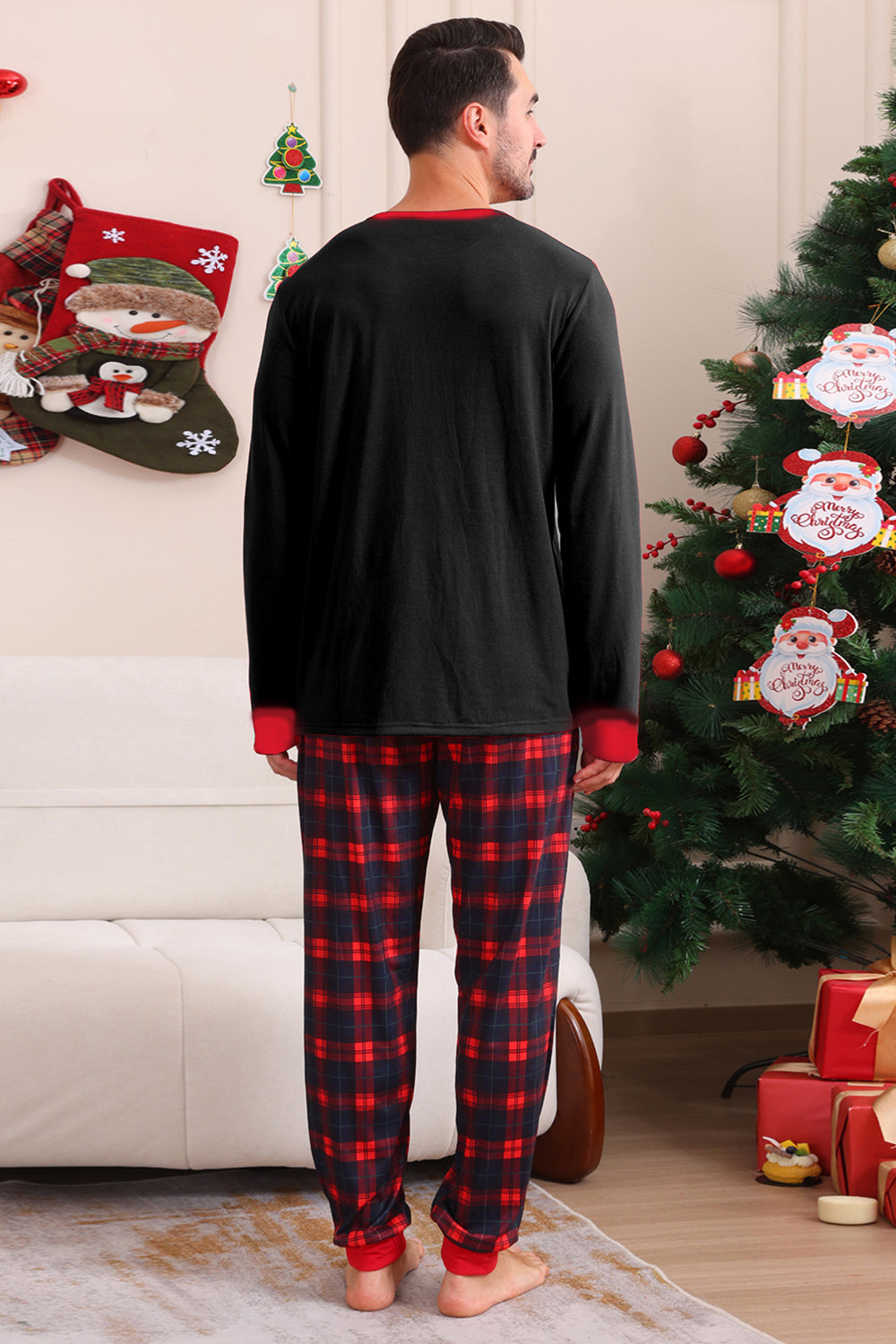 Svart Röd Familj Matchande Pyjamas Vuxen Barn Baby Toppar och rutiga Byxor Julpyjamas Set