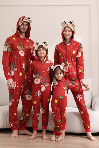 Matchande Onesie för Kvinnor Män Familj Huva Röd Pyjamas I Ett Stycke Jul Pyjamas Set