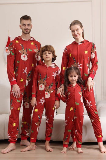 Matchande Onesie för Kvinnor Män Familj Huva Röd Pyjamas I Ett Stycke Jul Pyjamas Set